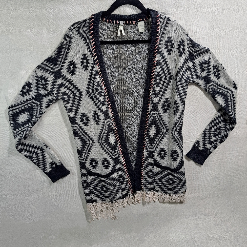 BKE Buckle Women Small Gimmicks SW Tribal Open Front Wool Y2K Cardigan Sweater